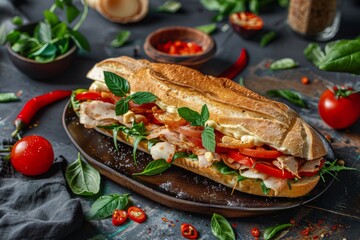 Sandwich with chicken, cheese, tomatoes and basil on a black plate and black background next to the ingredients - Powered by Adobe