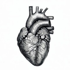 Detailed black and white drawing of a human heart. Ideal for medical textbooks or educational materials