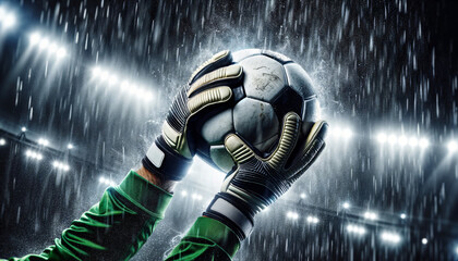 Soccer goalkeeper catches the ball in a rainy Football stadium, Generative Ai