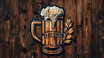 A craft brewery logo, showcasing a classic, frothy beer mug with a stylized hop cone and barley ears crest, set against a vintage, wood grain background for a traditional yet modern brewing essence. - obrazy, fototapety, plakaty