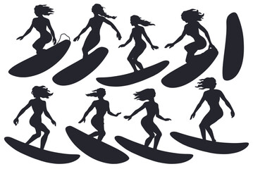 Set of black silhouettes of surfers on surfboards summer ocean elements for design of extreme beach life. Girl surfer, woman on surf boards for surfing or sea sport. Tropical exotic female design