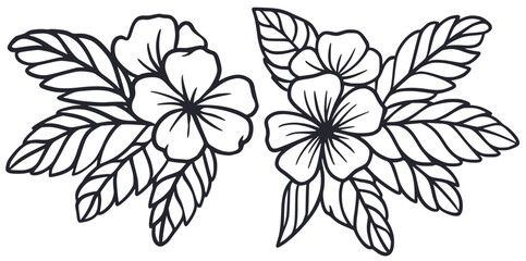 Summer flower set for Hawaii beach. Exotic plant collection, tropical palm leaves and nature tropic blooms for floral design. Monochrome outline style or black and white lines