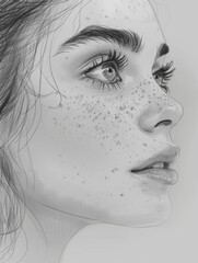 Pencil sketch of a young woman's profile with detailed features and freckles. Artistic expression and portrait drawing concept. Design for art class materials, drawing tutorials
