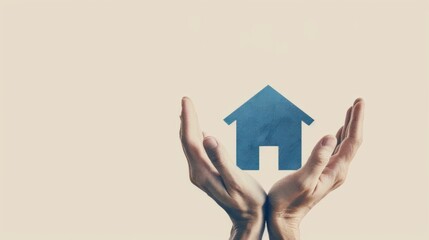 Naklejka premium Hands protect the house on a light background depicting the concepts of home care, real estate investment and property insurance. Suitable for use in real estate advertising, home maintenance promotio