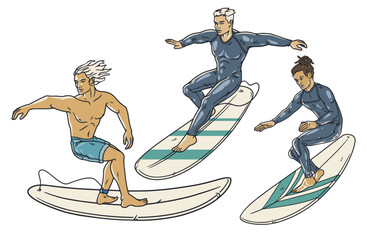 Extreme surfer set on surfboards for design of summer beach life. Active men on surf boards and wave for surfing or sea sport. Tropical exotic beach collection of elements for ocean design