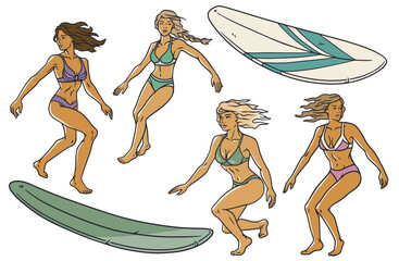 Extreme girl surfer set on surfboards for design of summer beach life. Active woman on surf boards and wave for surfing or sea sport. Tropical exotic beach female collection for ocean design