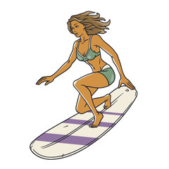 Extreme girl surfer on surfboard for design of summer beach life. Active woman on surf board and wave for surfing or sea sport. Tropical exotic beach female for ocean design