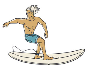 Extreme surfer on surfboard for design of summer beach life. Active man on surf board and wave for surfing or sea sport. Tropical exotic beach element for ocean design