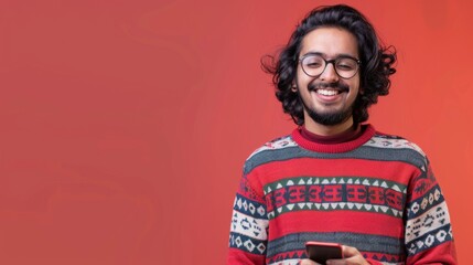 Fototapeta premium A cheerful young Indian man in a festive sweater using a smartphone on a red background. The concept of festive fun and digital communication. Design for seasonal marketing
