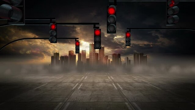 Multiple Traffic Lights Blinking In An Empty Metropolitan City. City Related 3D Animations.