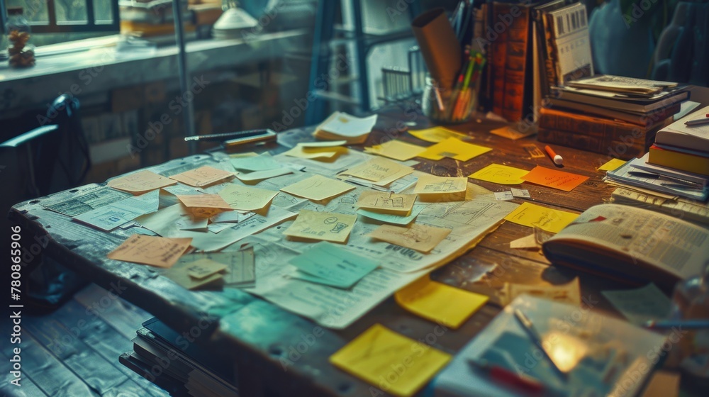 Poster a cluttered wooden table covered in colorful post-it notes. perfect for office or organization conce