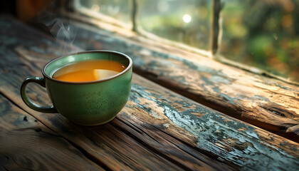 A smoking hot cup of delicious tea situated on top of an old rustic, yet charming wooden table - obrazy, fototapety, plakaty