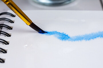 Wet on wet technique.  Artist applying wet watercolor paint to wet paper.