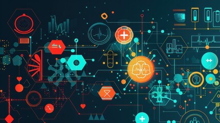 This abstract geometric background merges medical themes with flat icons and symbols