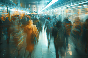 Overcrowded subway station captured in motion, showcasing the energy of public transport. AI Generated