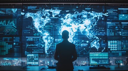 A cybersecurity expert analyzing a large holographic display of a network being attacked by malware, with dynamic maps and threat data visualizations surrounding them. - obrazy, fototapety, plakaty