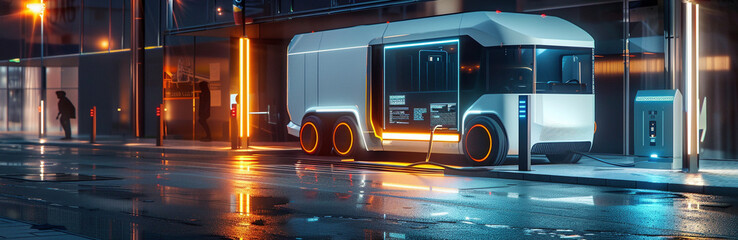 Futuristic Electric Truck Charging at a Station at Night