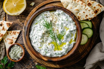 Greek Tzatziki dip with cucumber yogurt lemon olive oil dill and Za atar Pita bread - obrazy, fototapety, plakaty