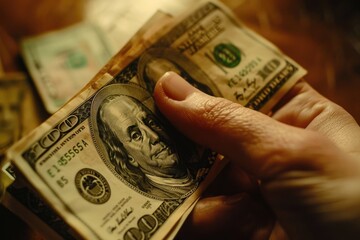 Person holding a stack of one hundred dollar bills. Suitable for finance and wealth concepts