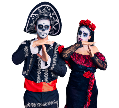 Young couple wearing mexican day of the dead costume over background doing time out gesture with hands, frustrated and serious face