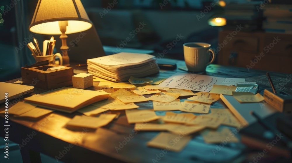Aufkleber a cluttered table with colorful post it notes and a lamp, perfect for office or study themes