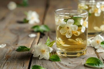 Green tea with jasmine flowers in glass on wooden background