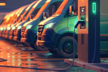 Green transportation concept shown with electric vehicle charging station and row of vans in the background - obrazy, fototapety, plakaty