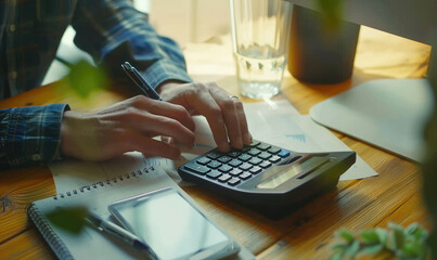 A businessman is working on a desk office using a calculator to calculate finance
