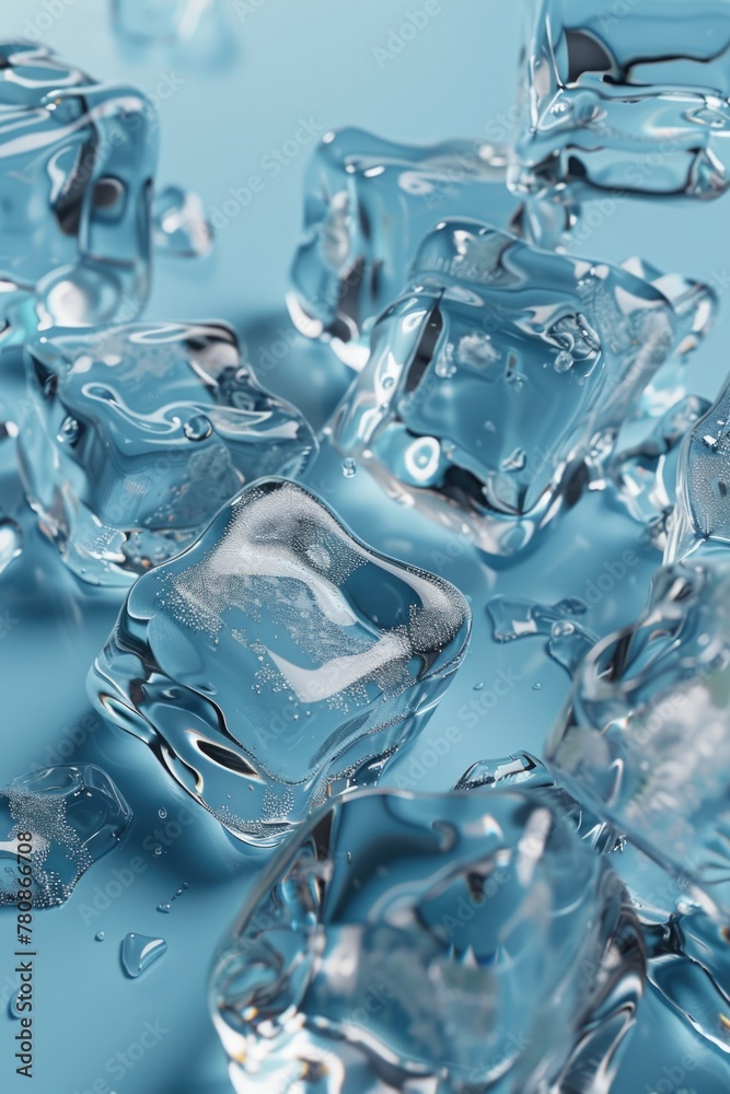 Poster a bunch of ice cubes on a blue surface. can be used for refreshing drink concepts