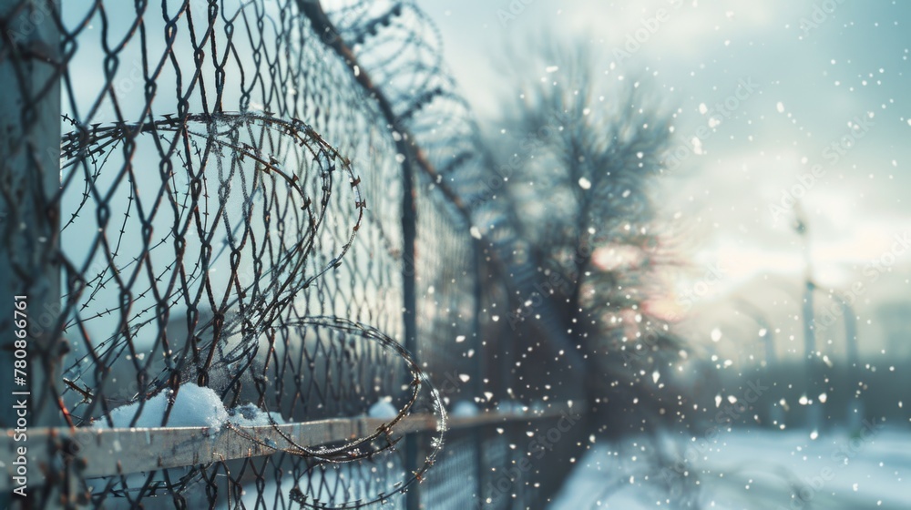 Poster A chain link fence topped with barbed wire. Suitable for security concepts.