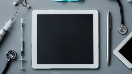 A crisp image showcasing a white tablet PC surrounded by essential doctor tools - obrazy, fototapety, plakaty