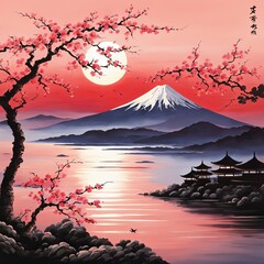 Serene landscape with mountain, pagoda in background. Sky is filled with beautiful pink hue, and moon is shining brightly. Concept of peace, tranquility.For art, creative projects, fashion, magazines.
