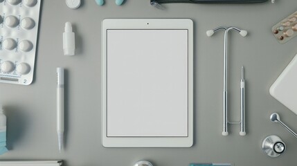A crisp image showcasing a white tablet PC surrounded by essential doctor tools