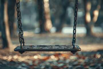 A swing hanging from a chain in a park. Great for outdoor recreation concepts - obrazy, fototapety, plakaty