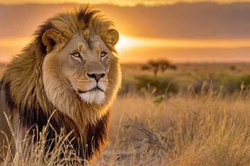Close-up of a majestic male lion, its mane bathed in the warm glow of a setting sun. A lion with a long mane and a golden face stands in a field of tall grass