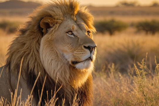 Close-up of a majestic male lion, its mane bathed in the warm glow of a setting sun. A lion with a long mane and a golden face stands in a field of tall grass