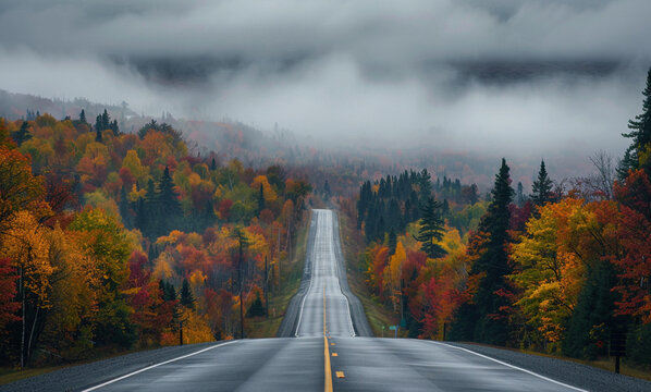 Empty Highway Amidst Canadian Shield Autumn Scenery
