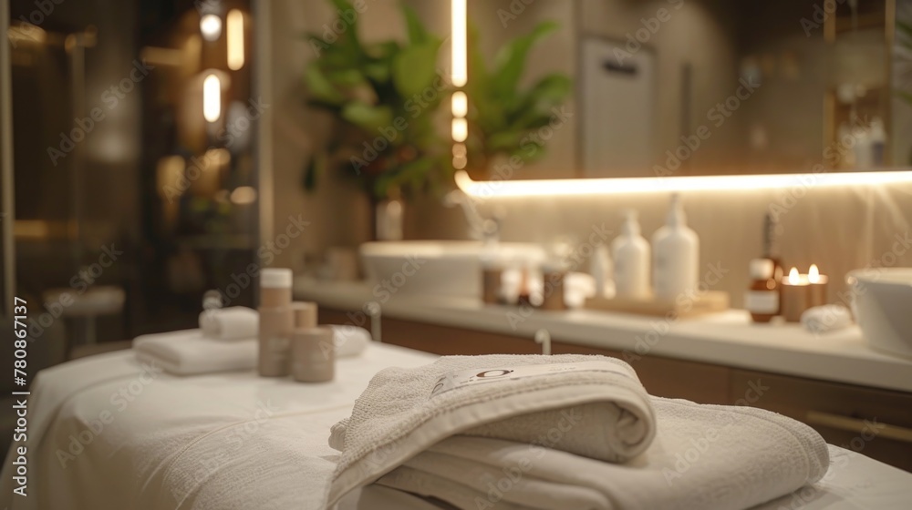 Poster white towel placed on table next to sink. suitable for bathroom or spa concepts