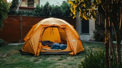 Orange tent in a backyard garden, casual home camping concept, suitable for outdoor activity themes and leisure lifestyle promotion, peaceful suburban leisure scene.