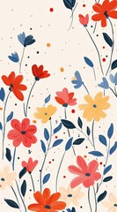 Charming field of wildflowers illustration, featuring a serene blend of red, yellow, and blue blossoms, perfect for springtime decor, stationery design, or textile patterns