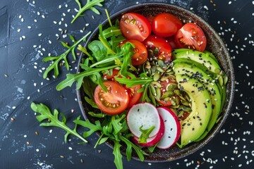 Healthy vegan salad bowl with fresh vegetables and seeds top view