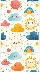 Playful and cheerful weather characters pattern, perfect for children's room wallpaper, textile design, or cute stationery, with smiling suns, clouds, rainbows, and stars in a bright and happy color
