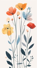 Stylized wildflowers illustration, minimalist and elegant, ideal for modern home decor, botanical artwork with a soothing color palette, suitable for stationery and textile design
