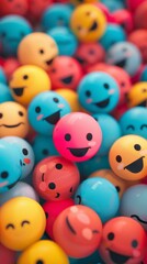 Colorful emoticon balls piled together, a joyful and vibrant image conveying happiness and positivity, perfect for social media and marketing designs that aim to evoke cheerful emotions