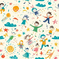 Obraz na płótnie Canvas Animated children playing with celestial motifs pattern, a vibrant and imaginative design, great for educational materials, kids' room wallpaper, or playful apparel, filled with joy and creativity