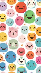 Obraz premium Assorted cute emoticons pattern on white, a joyful and engaging design, perfect for children’s room decor, textile printing, or playful stationery, a cheerful array of colorful illustrations