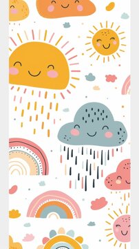 Whimsical weather and rainbows pattern, cheerful and playful design for children's room decoration and apparel, featuring smiling suns, clouds, and hearts, in soft pastel tones
