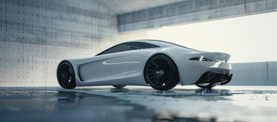 A white sports car parked in a garage. Perfect for automotive industry promotions