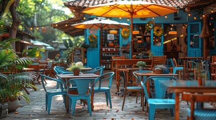   A patio equipped with tables, chairs, and an umbrella shading each set - obrazy, fototapety, plakaty