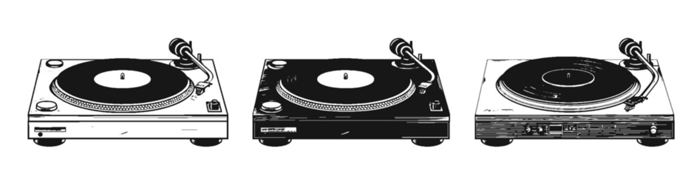 Three vector images of a turntable